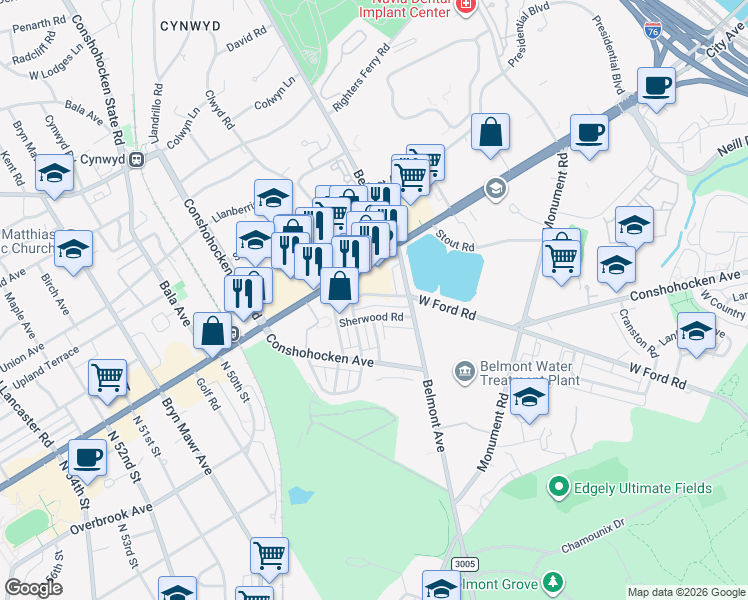 map of restaurants, bars, coffee shops, grocery stores, and more near 4456 Overbrook Avenue in Philadelphia