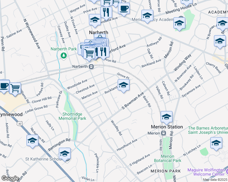 map of restaurants, bars, coffee shops, grocery stores, and more near 501 South Narberth Avenue in Merion Station