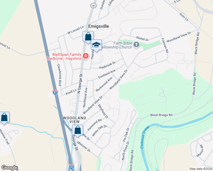 map of restaurants, bars, coffee shops, grocery stores, and more near 399 Woodland View Drive in York