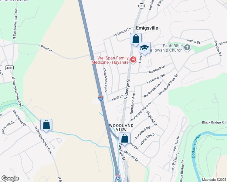 map of restaurants, bars, coffee shops, grocery stores, and more near 2609 Meadowbrook Boulevard in York