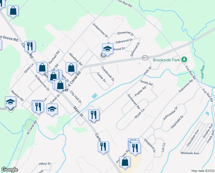 map of restaurants, bars, coffee shops, grocery stores, and more near 124 Cedar Drive in Dover