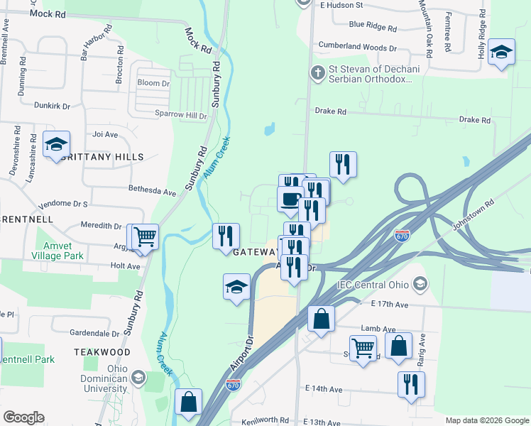 map of restaurants, bars, coffee shops, grocery stores, and more near 1600-1626 Ackley Place in Columbus