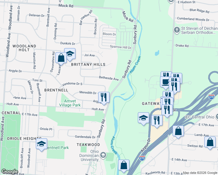 map of restaurants, bars, coffee shops, grocery stores, and more near 1592 Thames Drive in Columbus