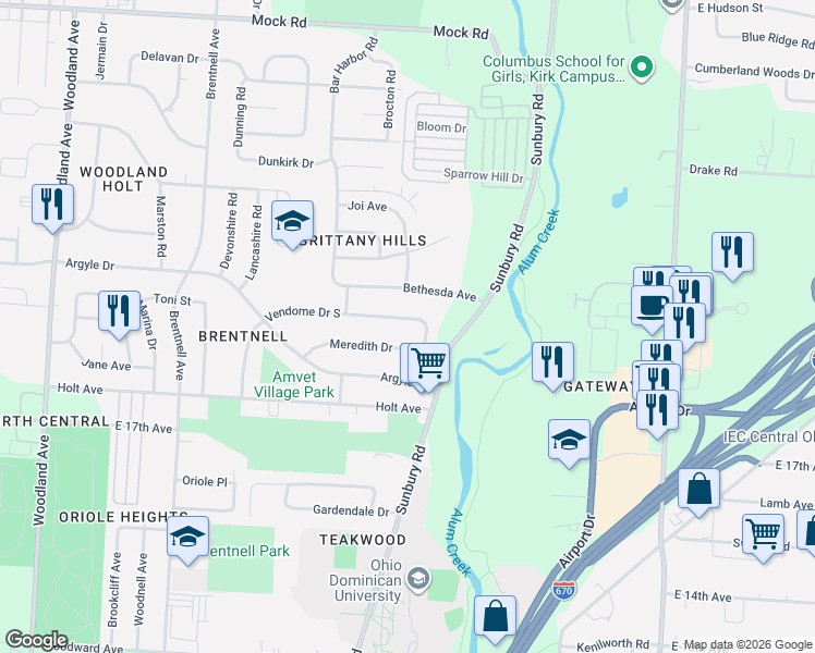 map of restaurants, bars, coffee shops, grocery stores, and more near 2477 Vendome Drive South in Columbus
