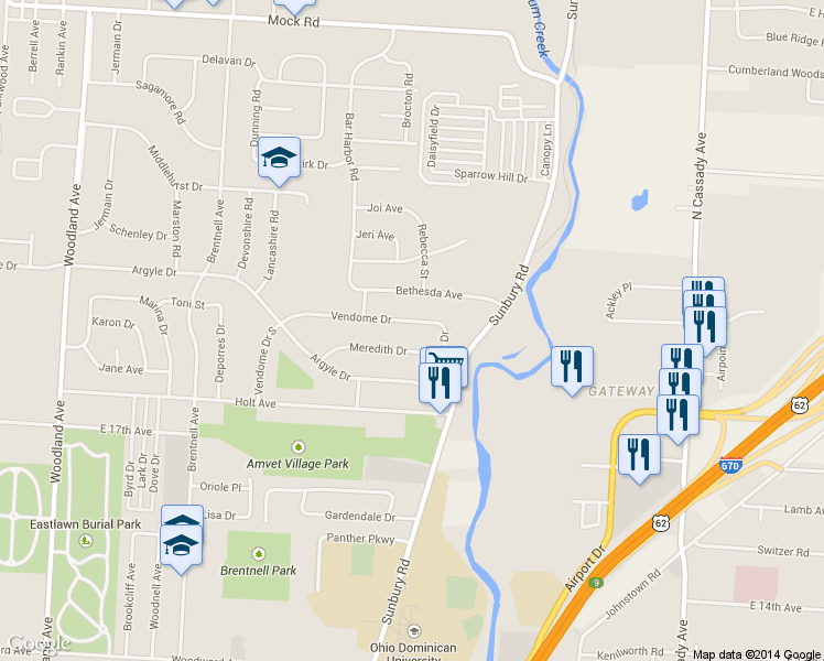 map of restaurants, bars, coffee shops, grocery stores, and more near 2477 Vendome Drive South in Columbus