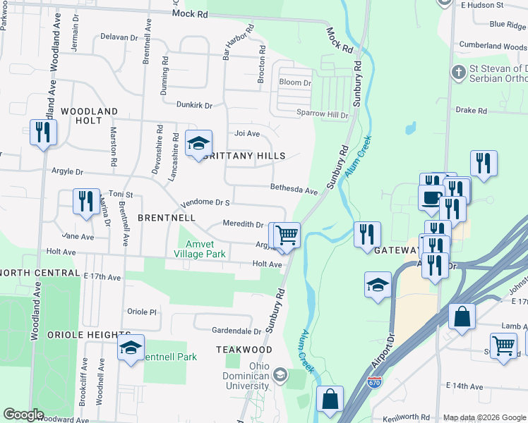 map of restaurants, bars, coffee shops, grocery stores, and more near 2477 Vendome Drive South in Columbus