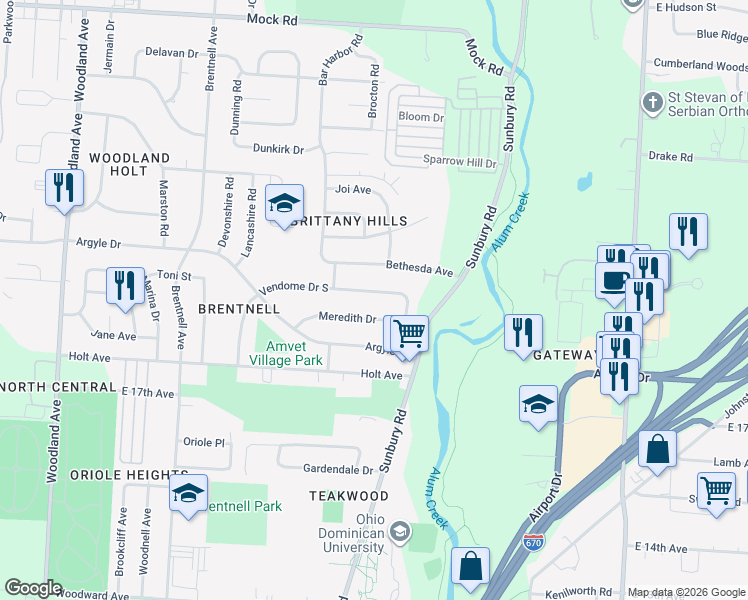 map of restaurants, bars, coffee shops, grocery stores, and more near 2477 Vendome Drive South in Columbus