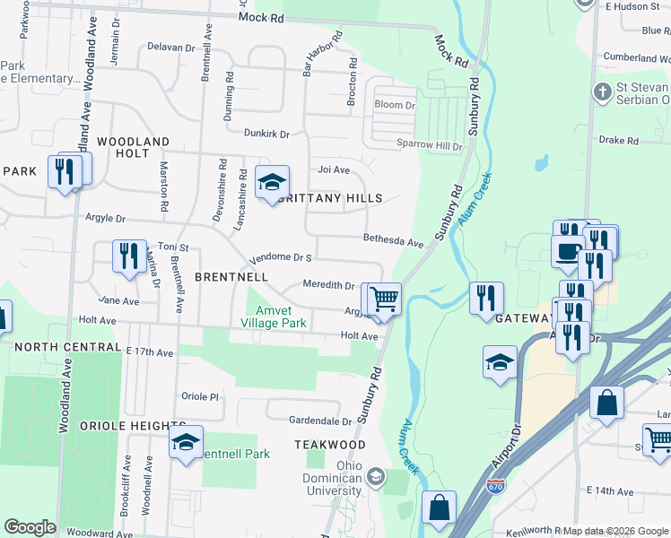 map of restaurants, bars, coffee shops, grocery stores, and more near 2416 Meredith Drive in Columbus