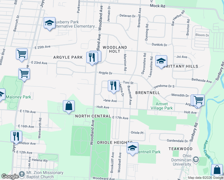 map of restaurants, bars, coffee shops, grocery stores, and more near 1657 Karon Drive in Columbus