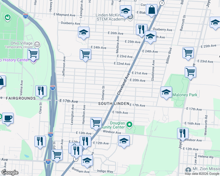 map of restaurants, bars, coffee shops, grocery stores, and more near 1207 East 19th Avenue in Columbus
