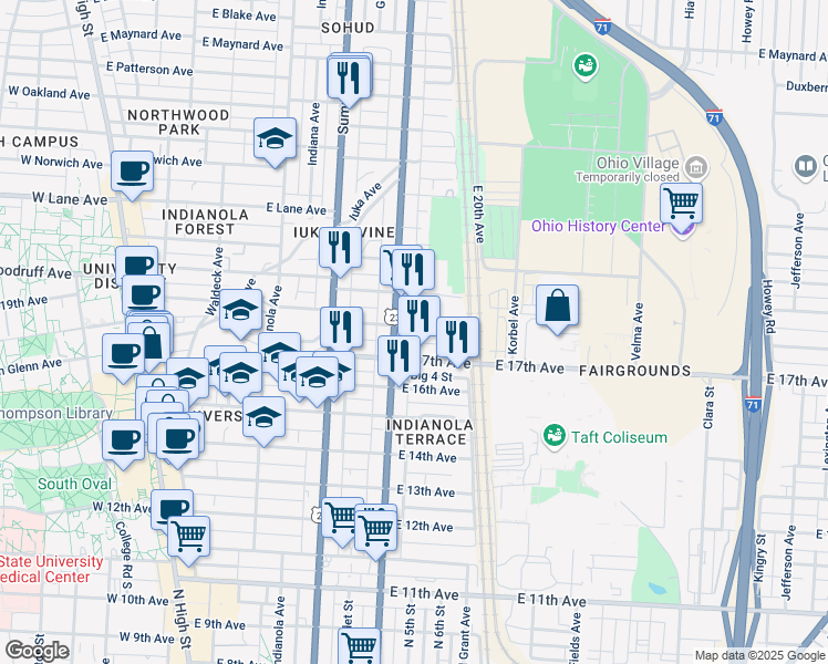 map of restaurants, bars, coffee shops, grocery stores, and more near 1890 North 4th Street in Columbus
