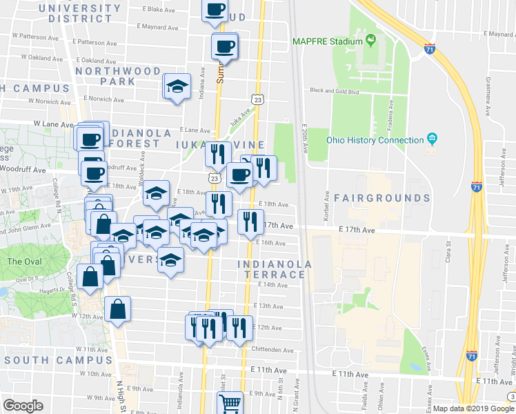 map of restaurants, bars, coffee shops, grocery stores, and more near in Columbus