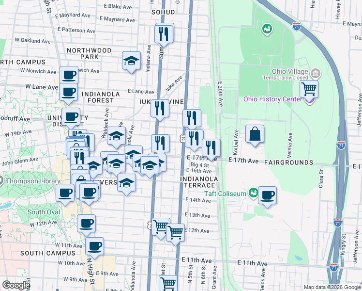 map of restaurants, bars, coffee shops, grocery stores, and more near 331 East 18th Avenue in Columbus