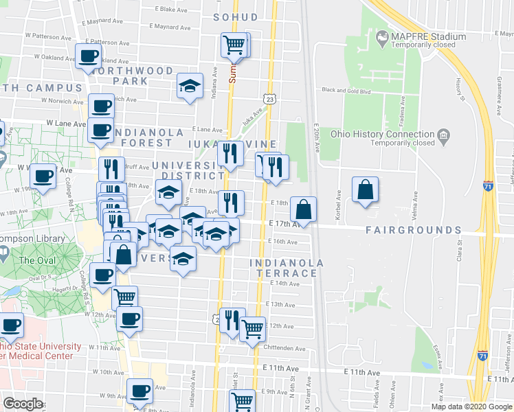 map of restaurants, bars, coffee shops, grocery stores, and more near 331 East 18th Avenue in Columbus