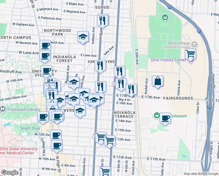map of restaurants, bars, coffee shops, grocery stores, and more near 331 East 18th Avenue in Columbus