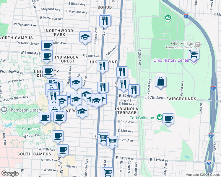 map of restaurants, bars, coffee shops, grocery stores, and more near 331 East 18th Avenue in Columbus