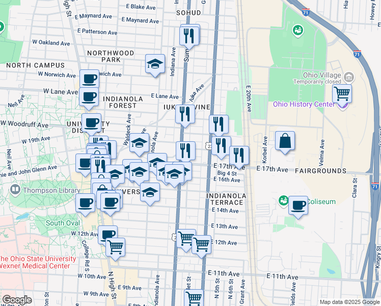 map of restaurants, bars, coffee shops, grocery stores, and more near 331 East 18th Avenue in Columbus