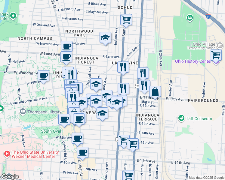 map of restaurants, bars, coffee shops, grocery stores, and more near 218 East 17th Avenue in Columbus