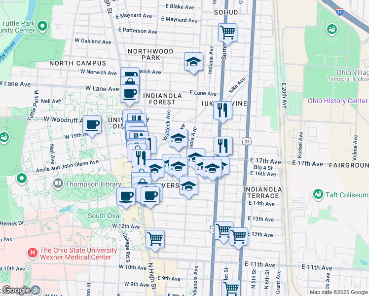 map of restaurants, bars, coffee shops, grocery stores, and more near 1911 Indianola Avenue in Columbus