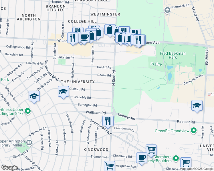 map of restaurants, bars, coffee shops, grocery stores, and more near 1491 Essex Road in Columbus