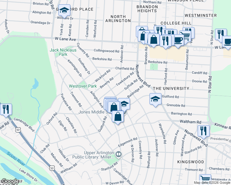 map of restaurants, bars, coffee shops, grocery stores, and more near 1938 Suffolk Road in Columbus