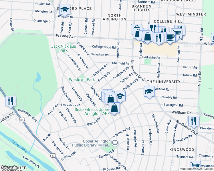 map of restaurants, bars, coffee shops, grocery stores, and more near 1987 Tewksbury Road in Columbus