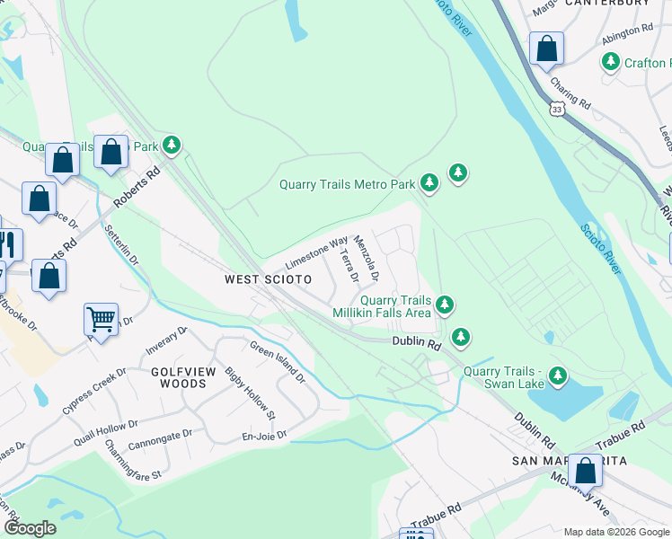 map of restaurants, bars, coffee shops, grocery stores, and more near 3167 Terra Drive in Columbus