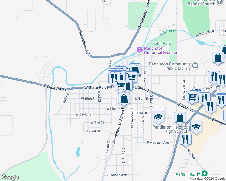 map of restaurants, bars, coffee shops, grocery stores, and more near 131 South Main Street in Pendleton
