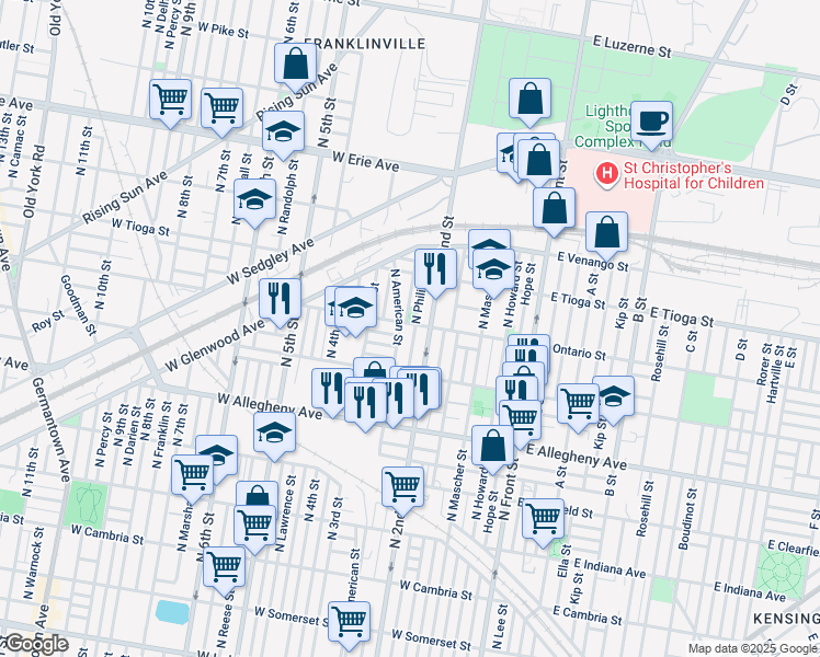 map of restaurants, bars, coffee shops, grocery stores, and more near 220 West Ontario Street in Philadelphia
