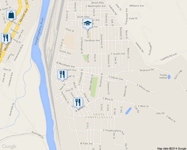 map of restaurants, bars, coffee shops, grocery stores, and more near 1127 East Gibson Avenue in South Connellsville