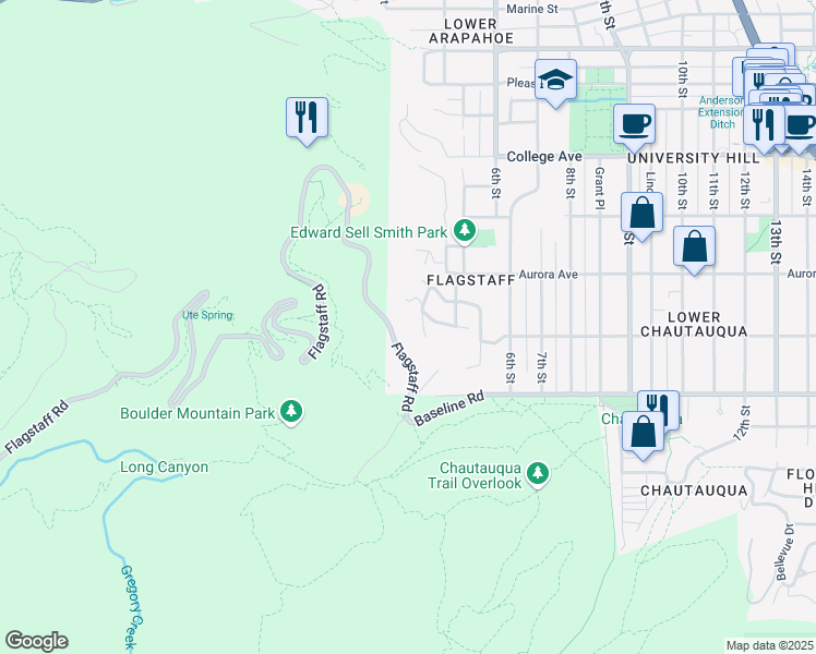 map of restaurants, bars, coffee shops, grocery stores, and more near 815 Circle Drive in Boulder