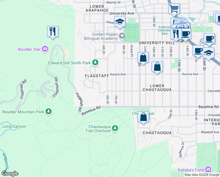 map of restaurants, bars, coffee shops, grocery stores, and more near 615 Cascade Avenue in Boulder