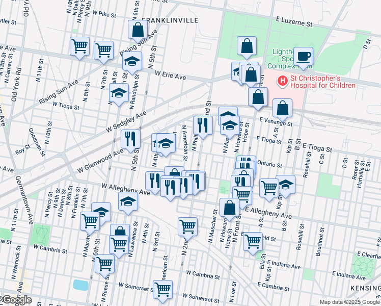 map of restaurants, bars, coffee shops, grocery stores, and more near 220 West Ontario Street in Philadelphia