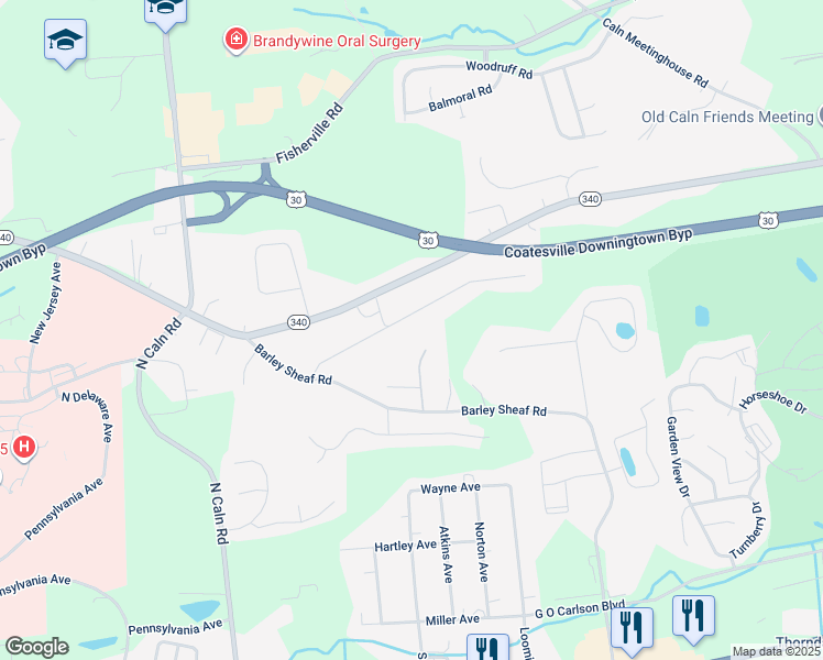 map of restaurants, bars, coffee shops, grocery stores, and more near 2404 Longview Drive in Coatesville