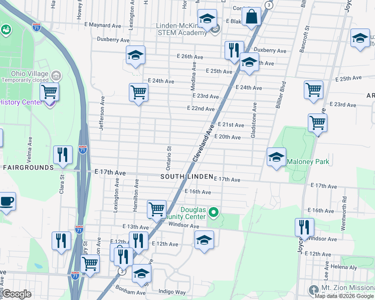 map of restaurants, bars, coffee shops, grocery stores, and more near 1207 East 19th Avenue in Columbus