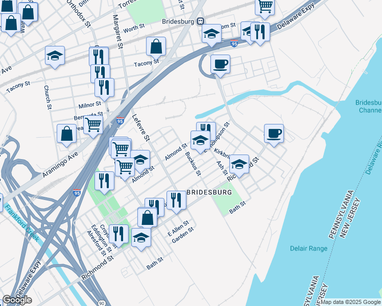 map of restaurants, bars, coffee shops, grocery stores, and more near 2637 Buckius Street in Philadelphia