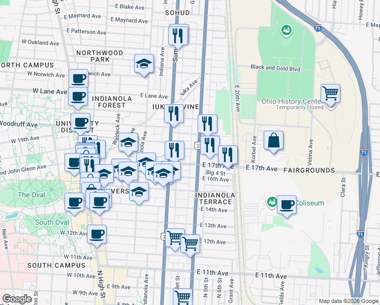 map of restaurants, bars, coffee shops, grocery stores, and more near 335 East 18th Avenue in Columbus