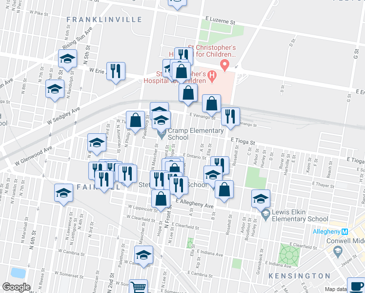 map of restaurants, bars, coffee shops, grocery stores, and more near 3421 North Front Street in Philadelphia