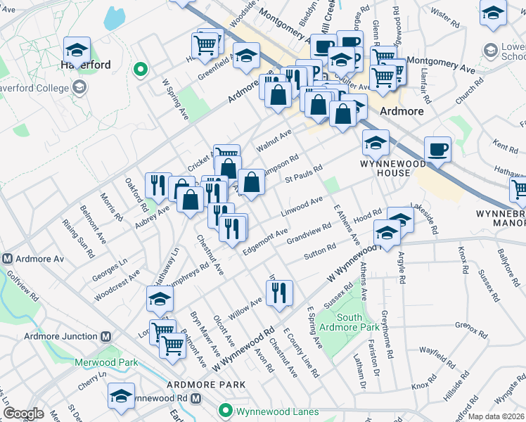 map of restaurants, bars, coffee shops, grocery stores, and more near 144 Arnold Road in Ardmore