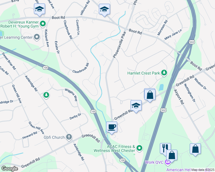 map of restaurants, bars, coffee shops, grocery stores, and more near 1225 Phoenixville Pike in West Chester