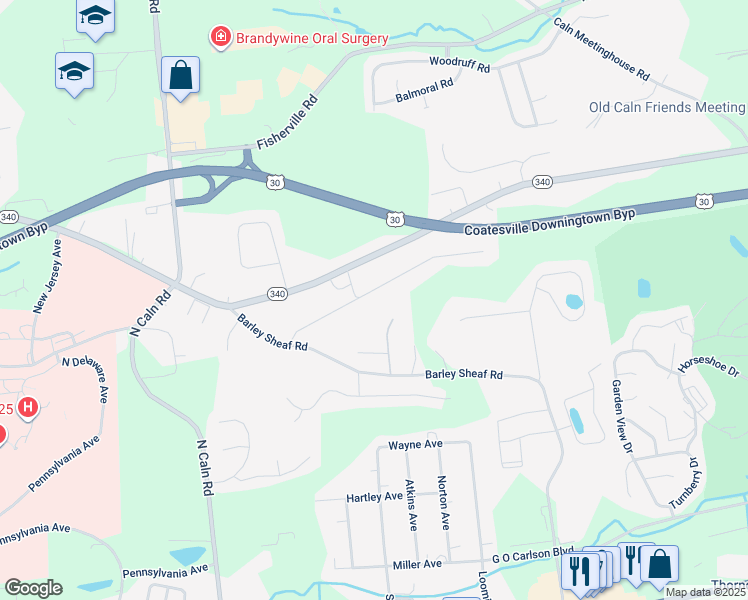 map of restaurants, bars, coffee shops, grocery stores, and more near 2404 Longview Drive in Coatesville