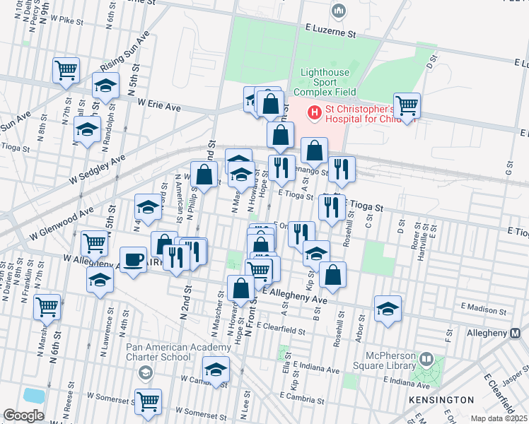 map of restaurants, bars, coffee shops, grocery stores, and more near 3418 North Front Street in Philadelphia