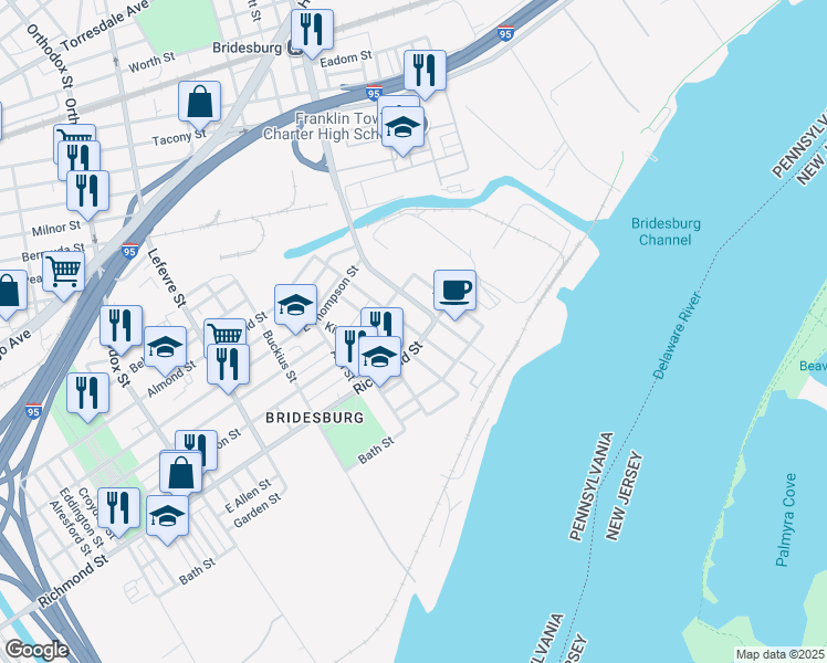 map of restaurants, bars, coffee shops, grocery stores, and more near 2790 Pratt Street in Philadelphia