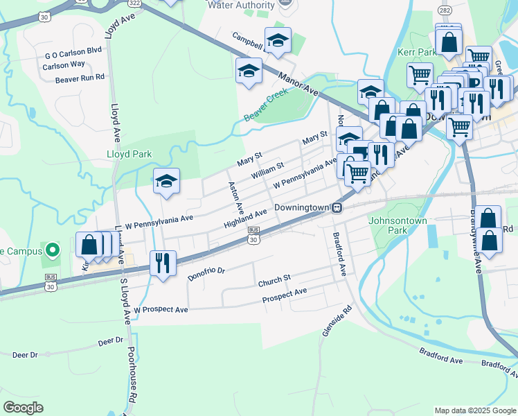 map of restaurants, bars, coffee shops, grocery stores, and more near 317 Highland Avenue in Downingtown