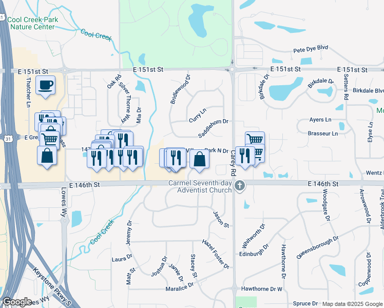 map of restaurants, bars, coffee shops, grocery stores, and more near 3003 Village Park North Drive in Carmel