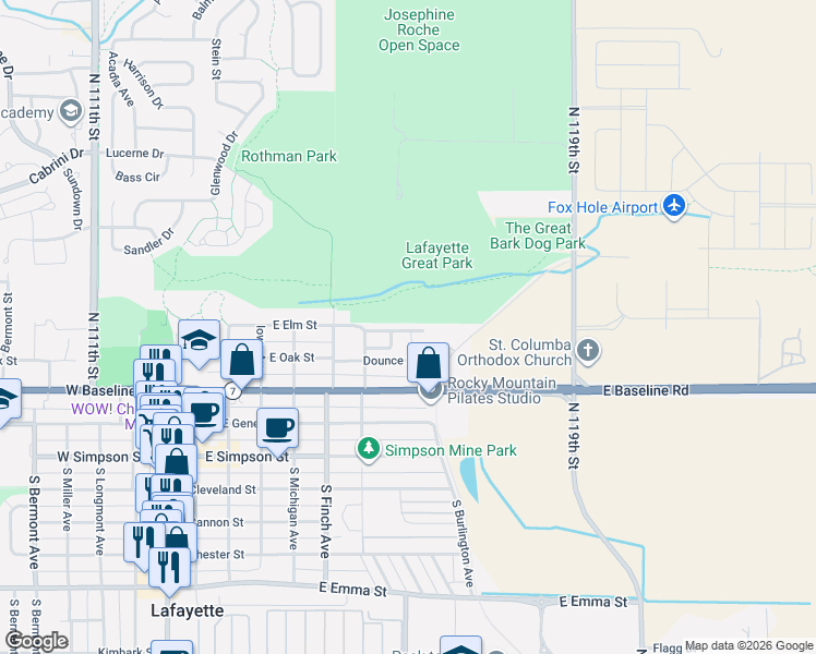 map of restaurants, bars, coffee shops, grocery stores, and more near 803 Excelsior Place in Lafayette