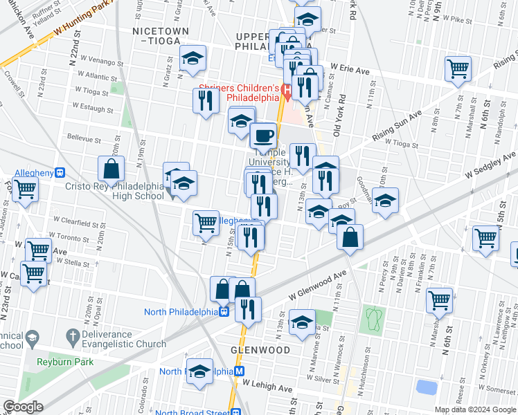 map of restaurants, bars, coffee shops, grocery stores, and more near 3214 North Broad Street in Philadelphia