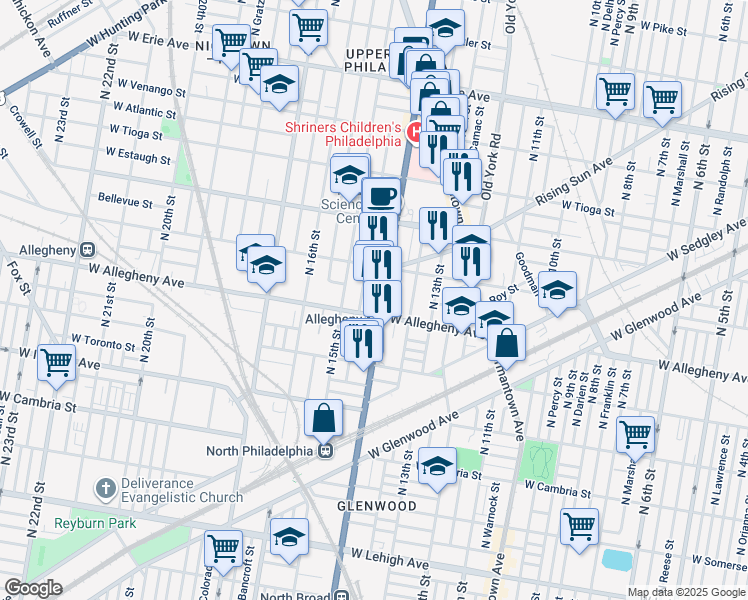 map of restaurants, bars, coffee shops, grocery stores, and more near 3214 North Broad Street in Philadelphia