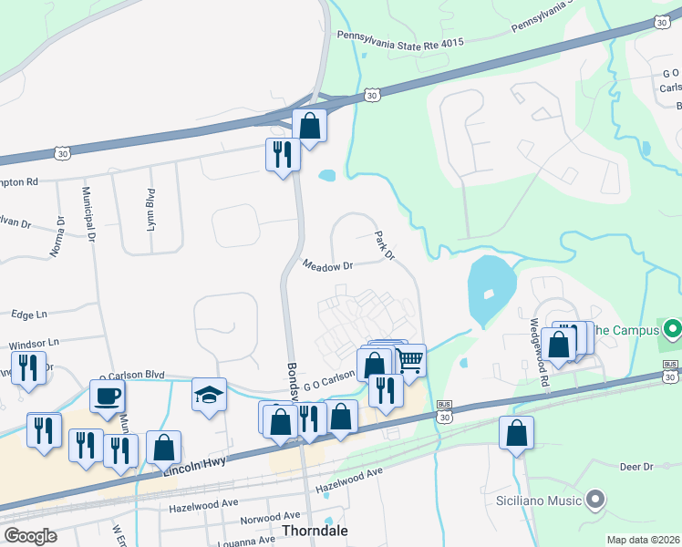 map of restaurants, bars, coffee shops, grocery stores, and more near 207 Meadow Drive in Downingtown