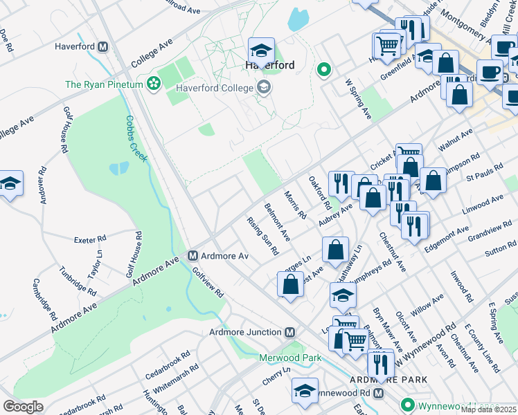 map of restaurants, bars, coffee shops, grocery stores, and more near 647 Ardmore Avenue in Ardmore
